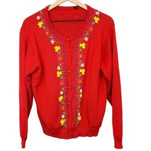 Vintage Beaded Cardigan Red Knit Colorful Floral Button Front Women's Sweater
